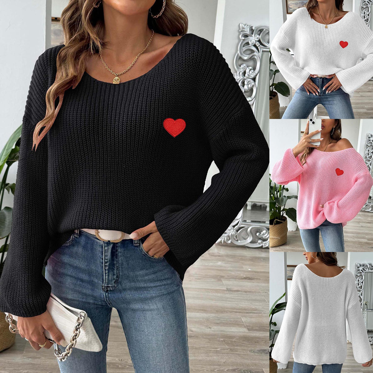Damen-Sweater-Top mit Rundhalsausschnitt, One-Shoulder, ausgestellter Ärmel mit Herz-Stickapplikation, Strick