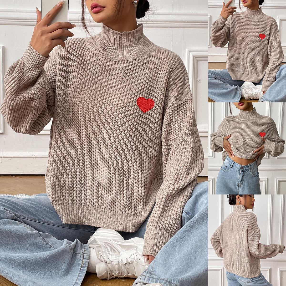 Damen Pullover mit Halbrollkragen, gemustertes Unterziehtop, mehrfarbig geblümt