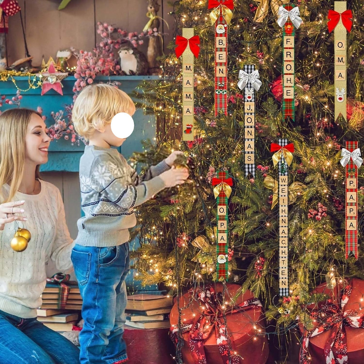 Weihnachtliches Geschenkdeko-Set mit Schleifen, Glöckchen und Buchstaben – Bild 5