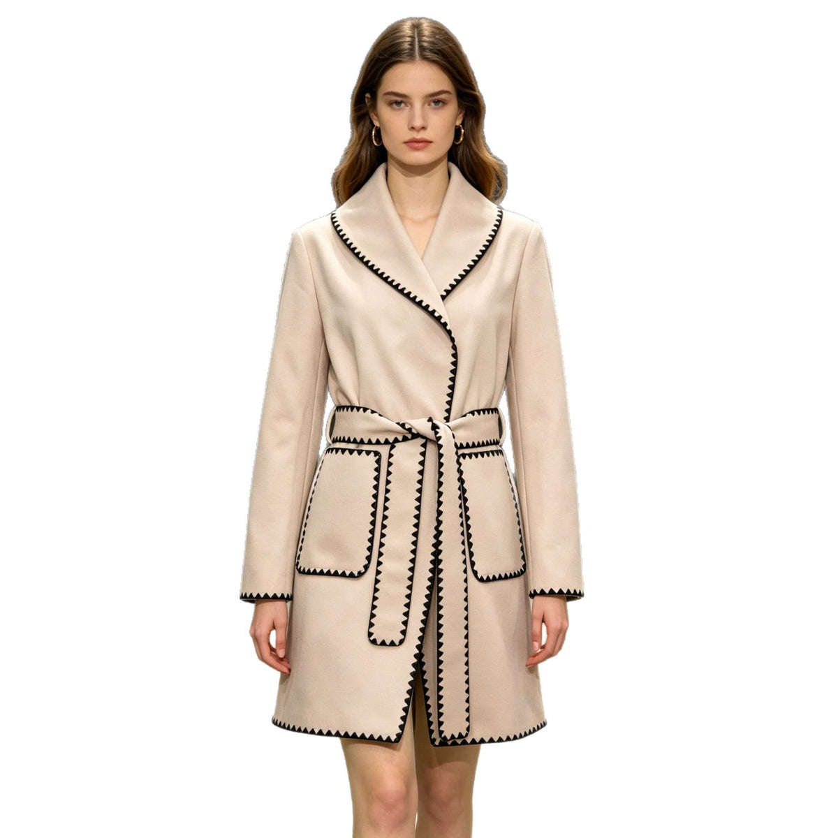 Eleganter Wollmantel mit Kerbkragen, Colorblock, Zickzack-Saum, Herbst Winter