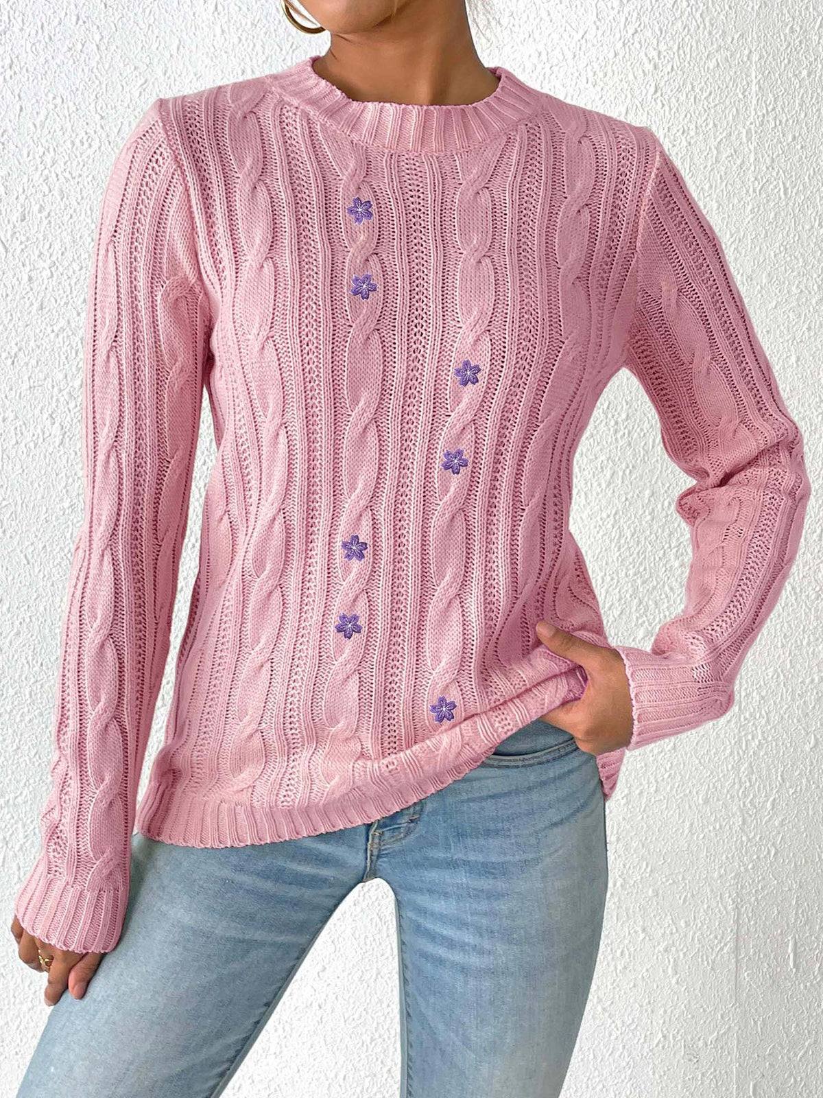Damen Pullover mit Rundhalsausschnitt, langärmelig, Stickerei mit Blumen-Patchwork