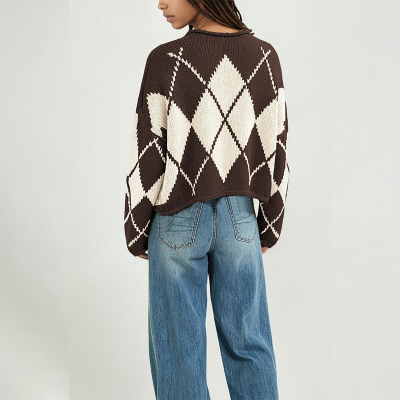 Damen Pullover mit Rundhalsausschnitt, locker, langärmelig, Rautenmuster