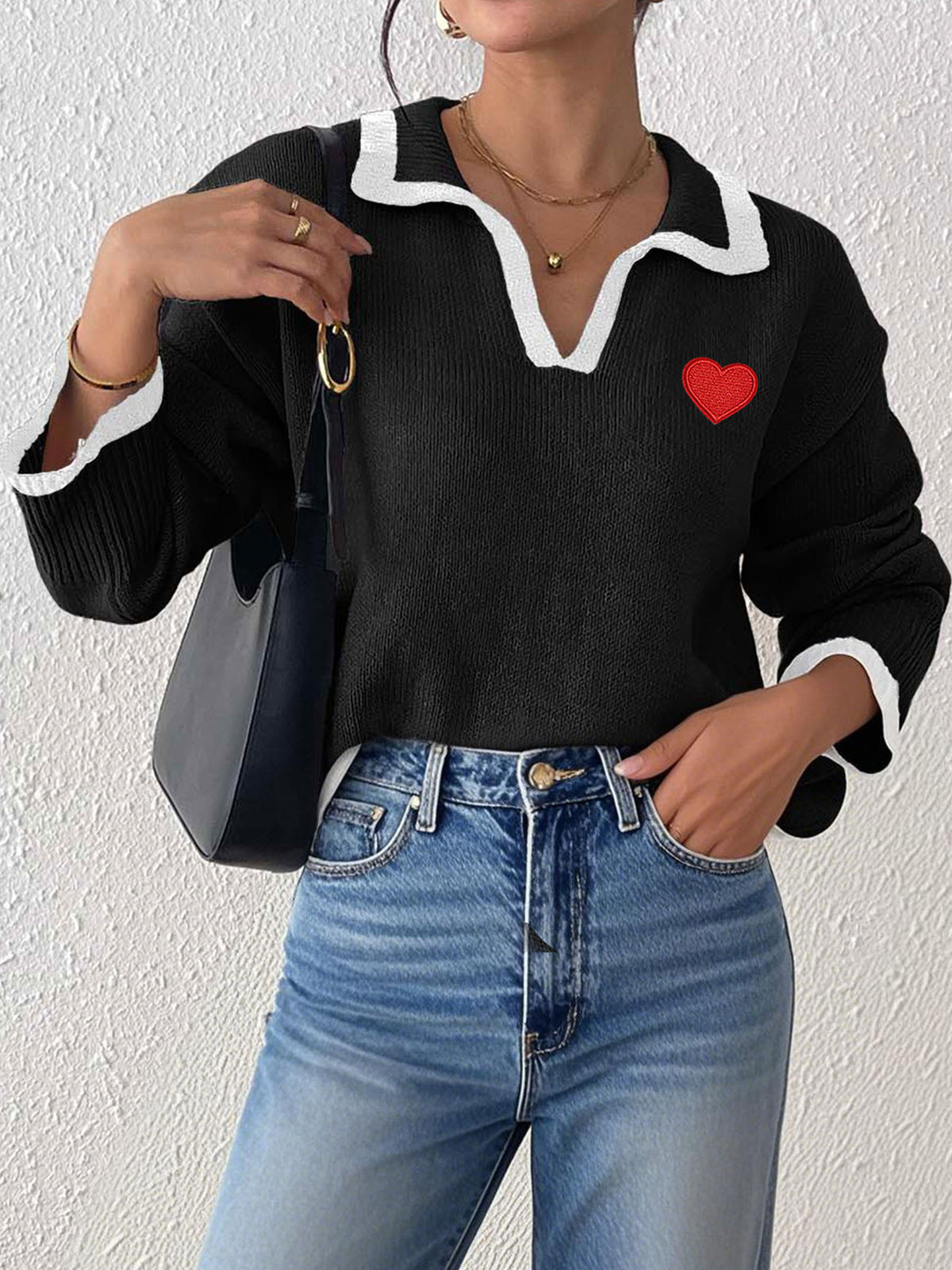 Damen Pullover mit Kerbkragen, Colorblock-Patchwork und Herz-Applikation
