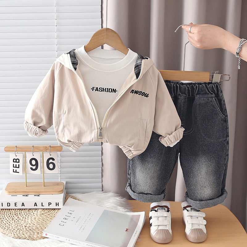 Hooded jacket long sleeved three piece set for children