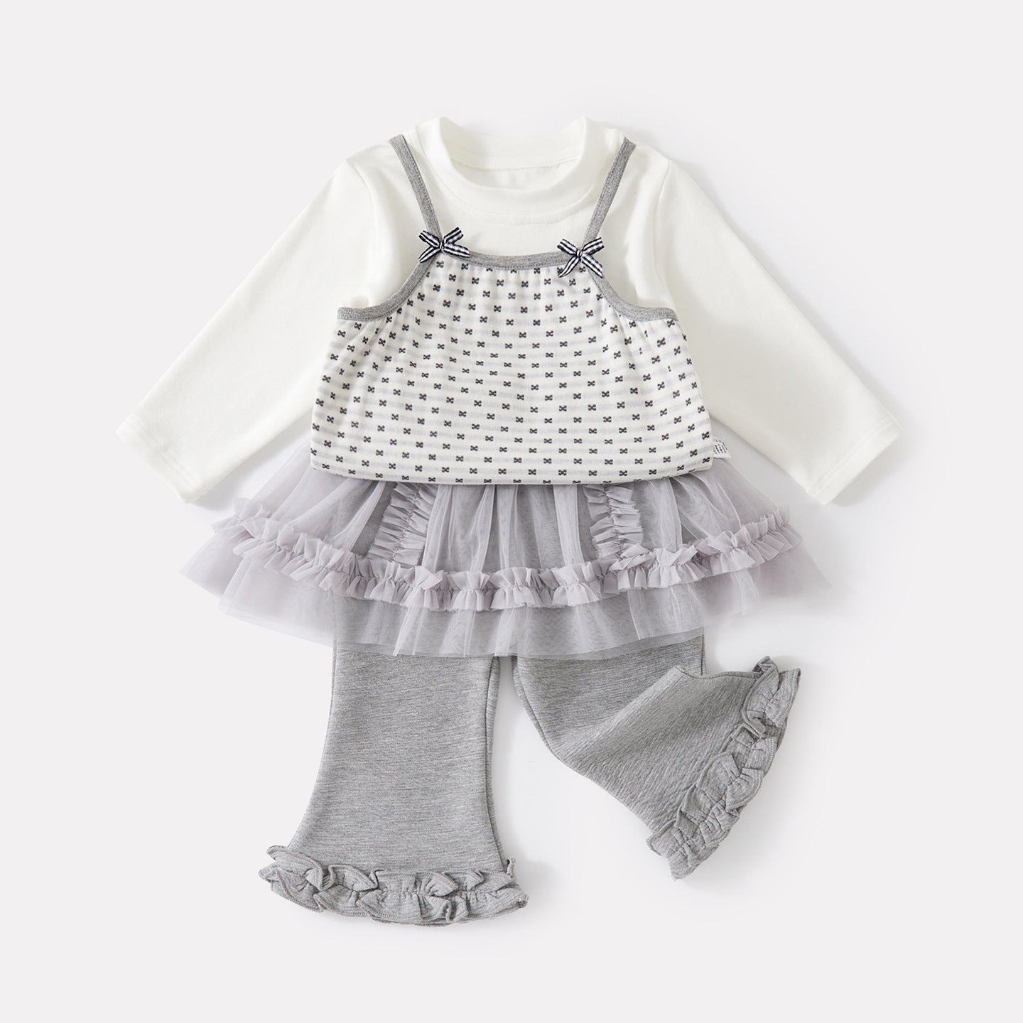 Personality Fake Two-Piece Printed Bodysuit Infant Mesh Diaper Cover Flared Pants Set