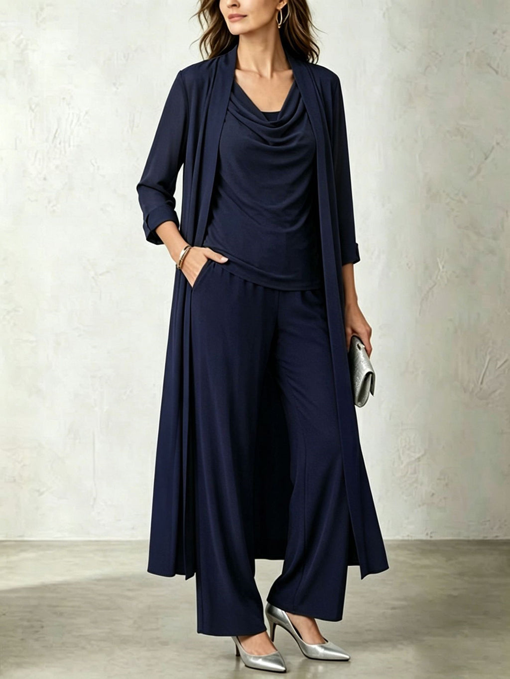Long sleeved swing collar top long cardigan jacket long pants three piece set