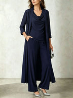 Long sleeved swing collar top long cardigan jacket long pants three piece set