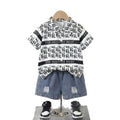 Kids Letter Print Short Sleeve Shirt Set, Boy's Loose Denim Shorts Two-Piece Set
