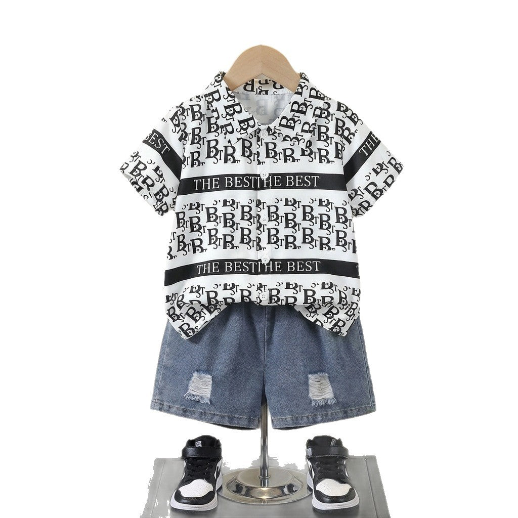 Kids Letter Print Short Sleeve Shirt Set, Boy's Loose Denim Shorts Two-Piece Set