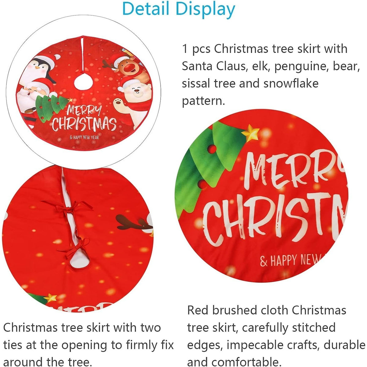 Runde rote Christbaumdecke aus Flanell mit Weihnachtsmotiven – Bild 2