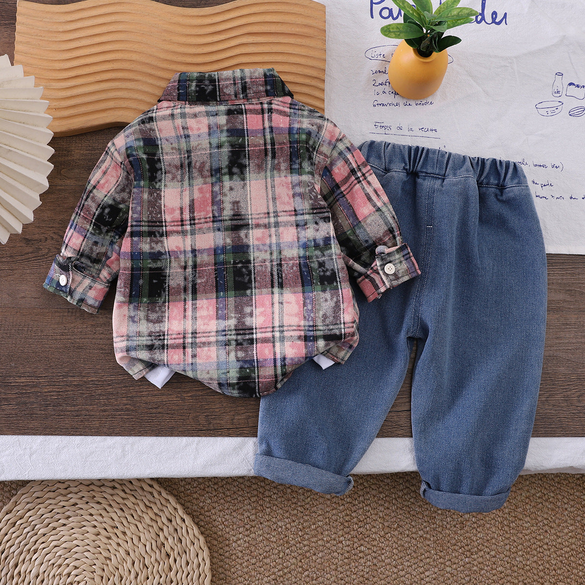 Men's Baby Checkered Shirt Long Sleeve 3-Piece Set