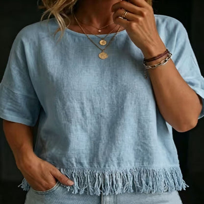 Damen Rundhals Kurzarm Quasten Baumwoll-Leinen Bluse – Ansicht 7