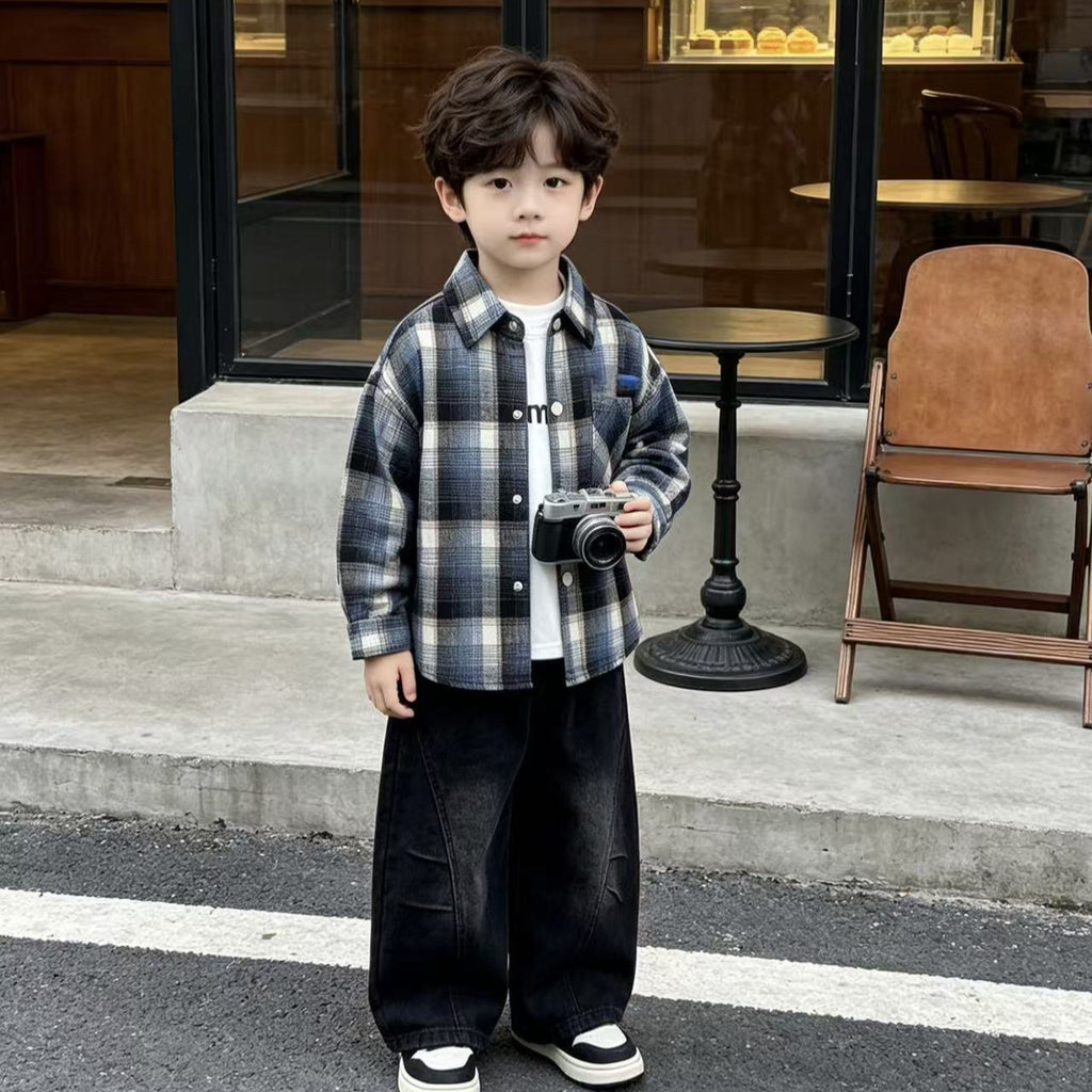 Small and medium-sized children's checkered shirt long sleeved three piece set