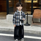 Small and medium-sized children's checkered shirt long sleeved three piece set