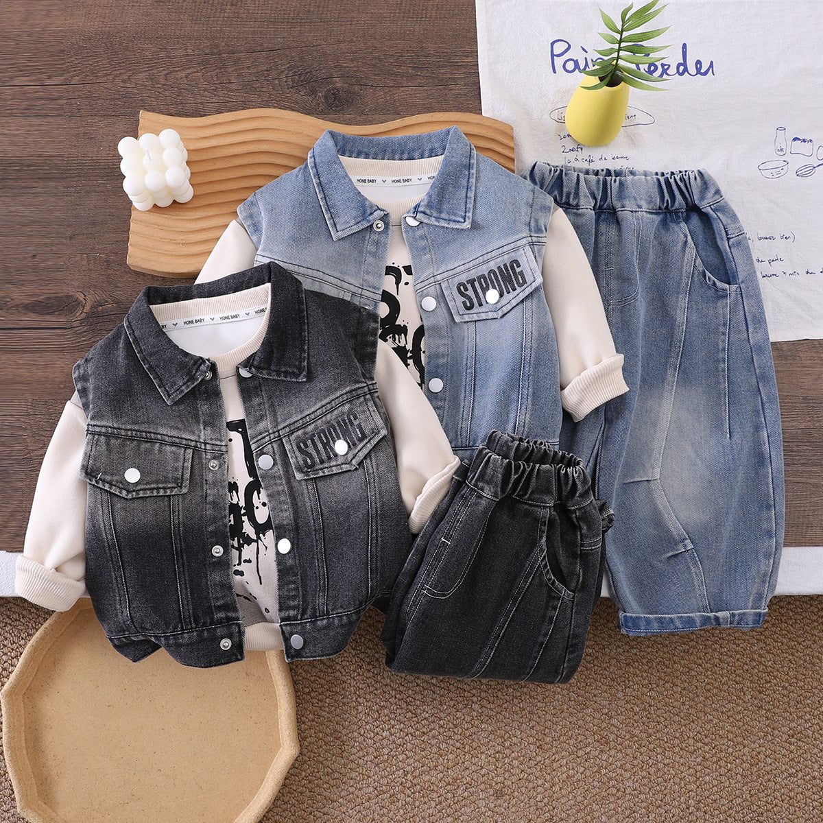 Cowboy vest long sleeved three piece set baby clothes
