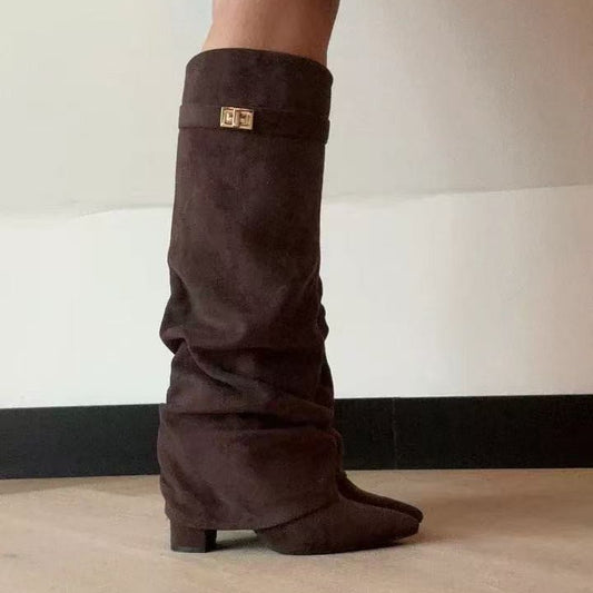 Wadenstiefel Damen mit Metallschnalle, Blockabsatz, große Größen