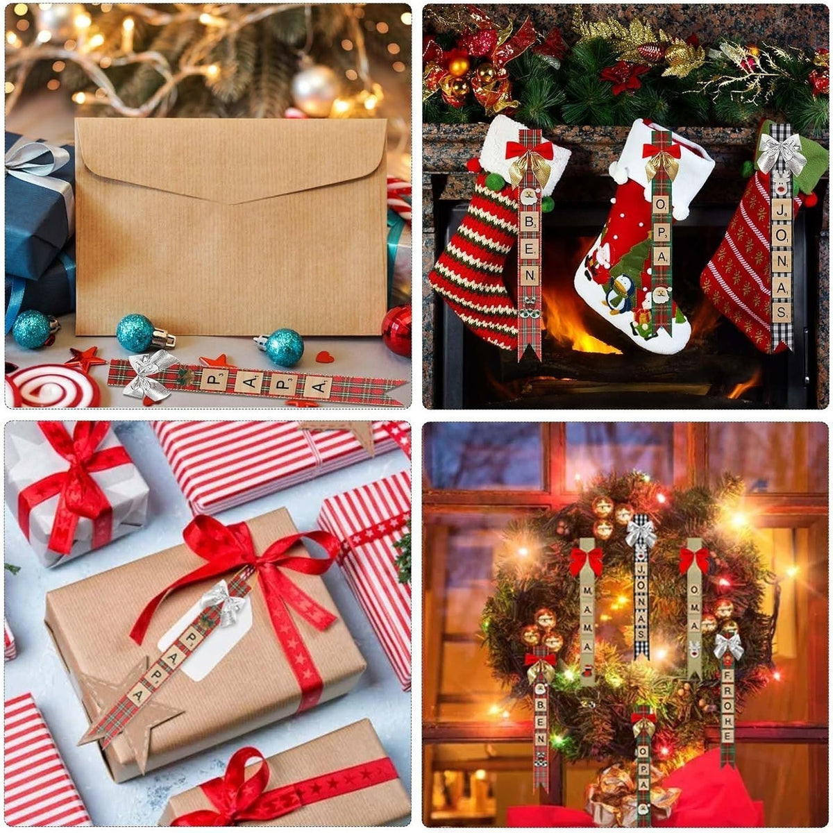Weihnachtliches Geschenkdeko-Set mit Schleifen, Glöckchen und Buchstaben – Bild 3