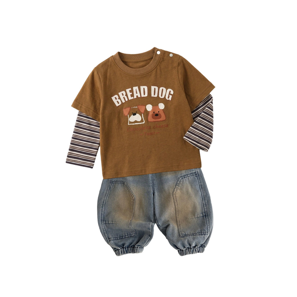 Two-Piece Striped Top Retro Denim Pants Two-Piece Set Wear