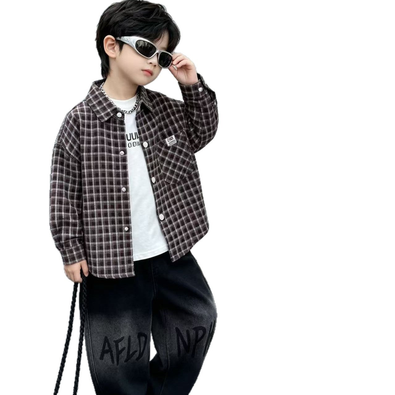 Children's spring and autumn checkered shirt long sleeved three piece set