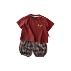 Burgundy Plaid Short Sleeve T-Shirt  Length Cuffed Pants Set for Boys