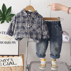 Baby autumn checkered shirt long sleeved two-piece set