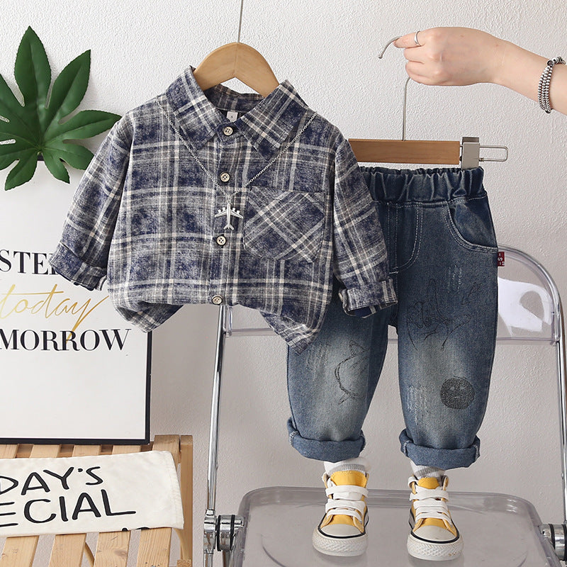 Baby autumn checkered shirt long sleeved two-piece set