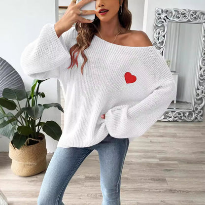 Damen-Sweater-Top mit Rundhalsausschnitt, One-Shoulder, ausgestellter Ärmel mit Herz-Stickapplikation, Strick
