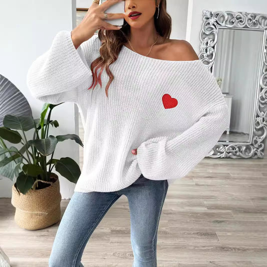 Damen-Sweater-Top mit Rundhalsausschnitt, One-Shoulder, ausgestellter Ärmel mit Herz-Stickapplikation, Strick