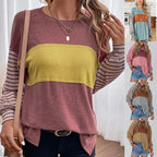 Women's casual color-blocked striped long sleeve round neck pullover t-shirt