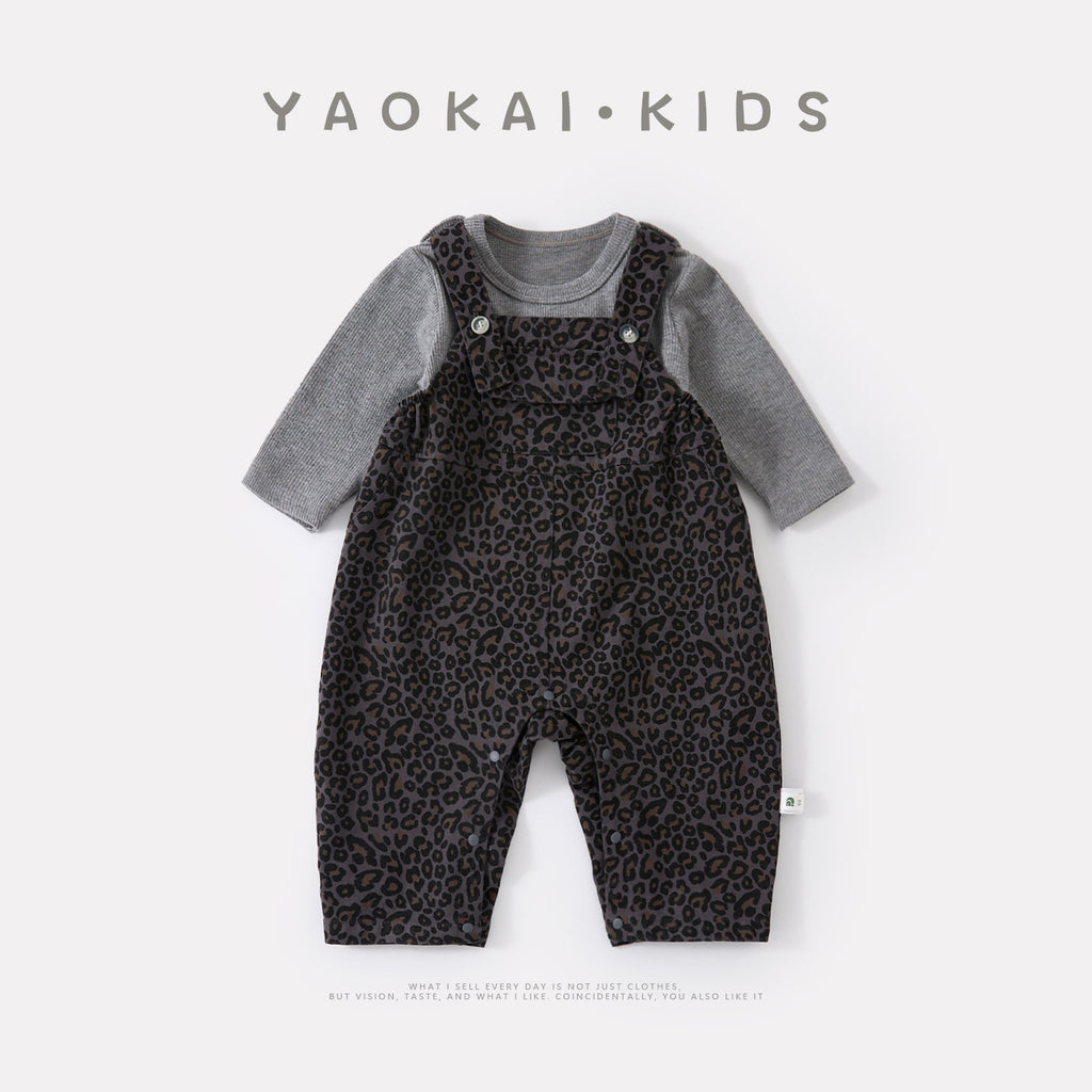 Cute Baby Leopard Print Overalls Set Kids  Bodysuit Bottoms Two-Piece Outfit