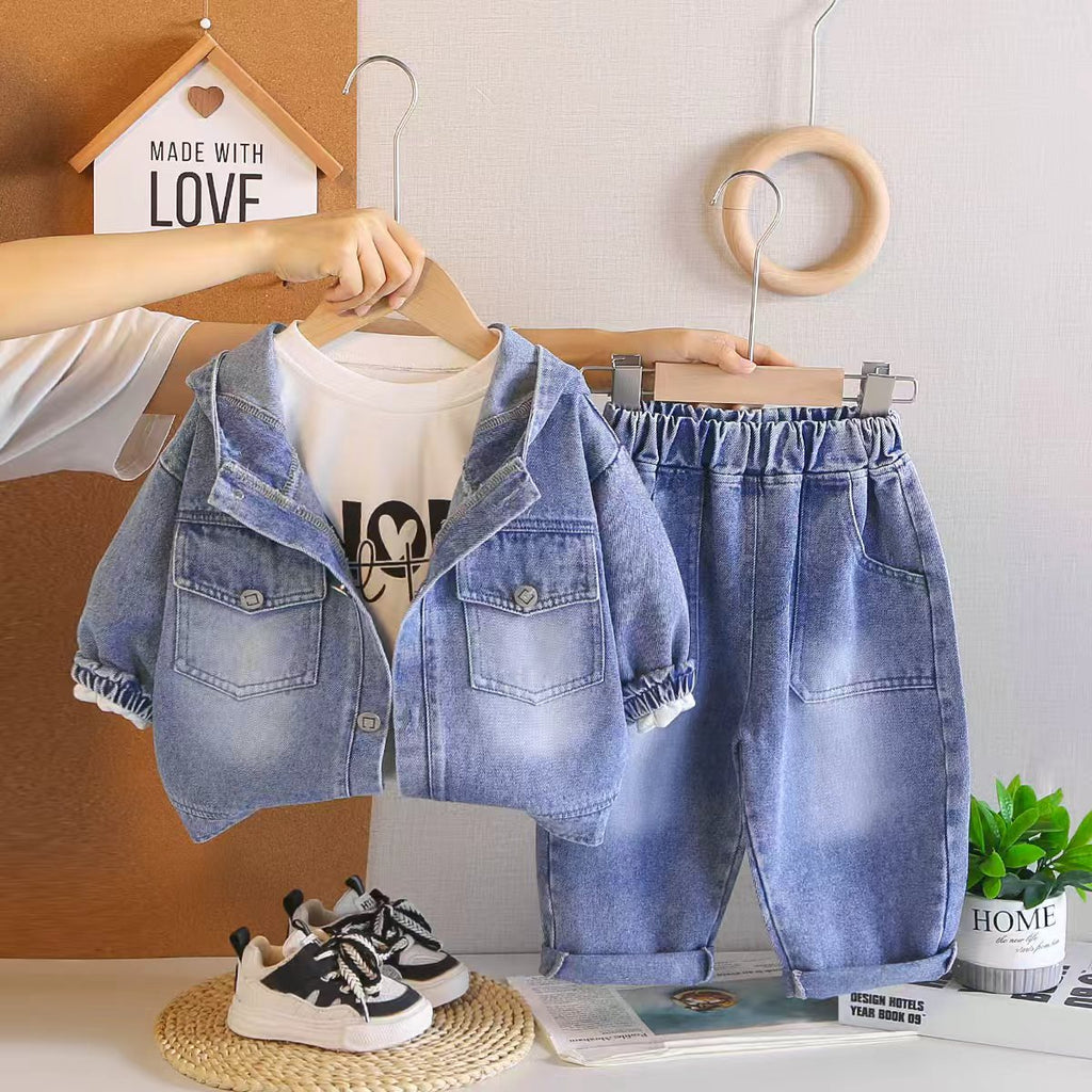Hooded denim long sleeved three piece set