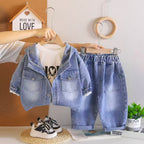 Hooded denim long sleeved three piece set