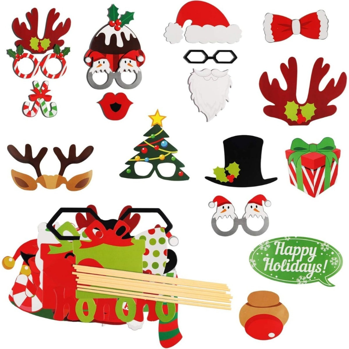 Weihnachtliche Fotorequisiten mit Bärten, Mützen und Brillen