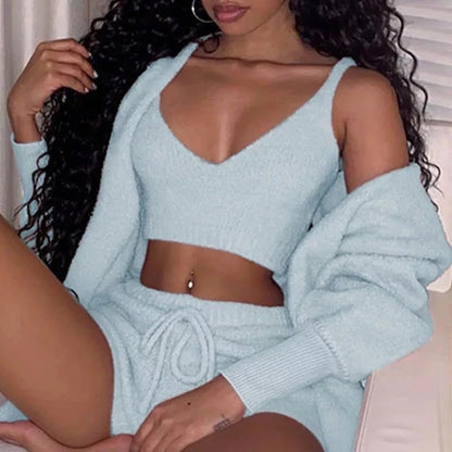 3-teiliges Damen Schlafanzug Set – Langarm Crop Top & Shorts – Ansicht 4