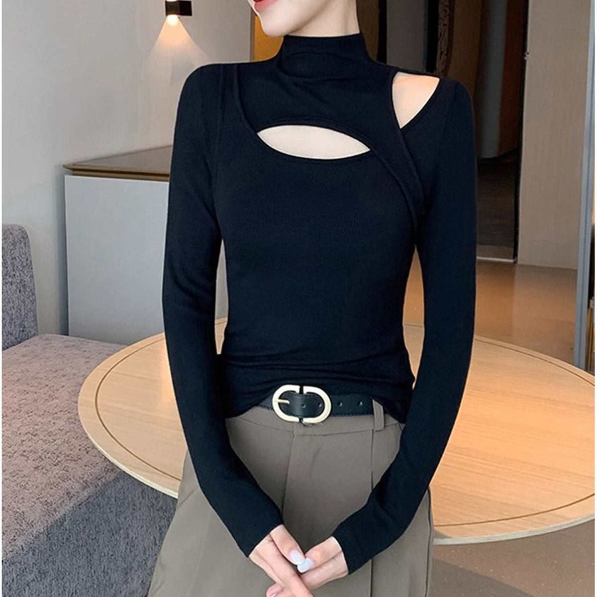 Damen Rippstrick-Top mit halbhohem Kragen, Schwarz, Cut-Out, eng anliegend, für Frühling & Herbst