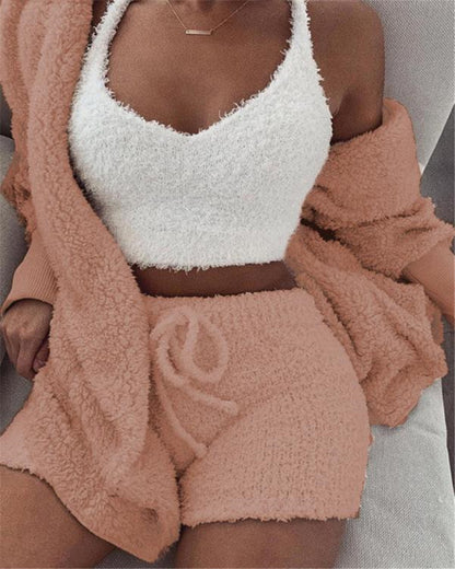 3-teiliges Damen Schlafanzug Set – Langarm Crop Top & Shorts – Ansicht 6