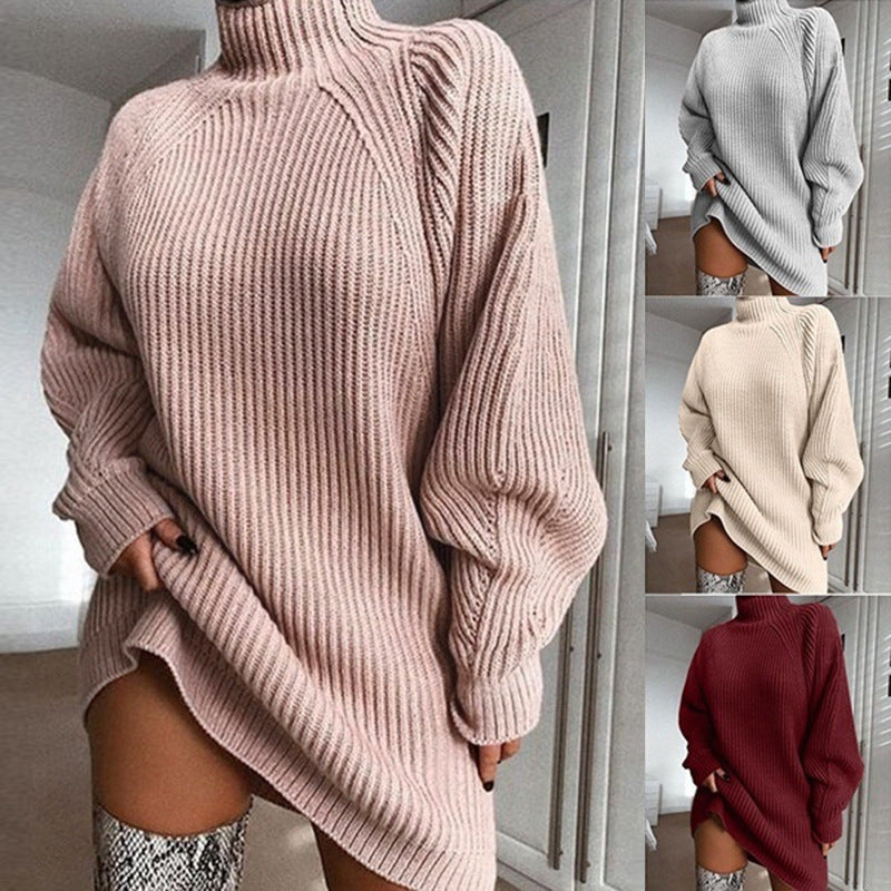 Rollkragen-Strickkleid Damen, warm, unifarben