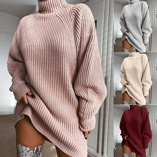 Rollkragen-Strickkleid Damen, warm, unifarben