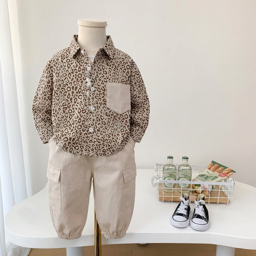 Children's casual leopard print shirt long sleeved two-piece set