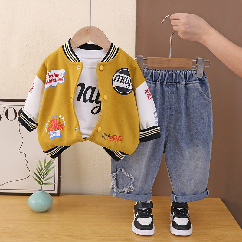 Three piece set of letter baseball uniforms for children's clothing in spring and autumn