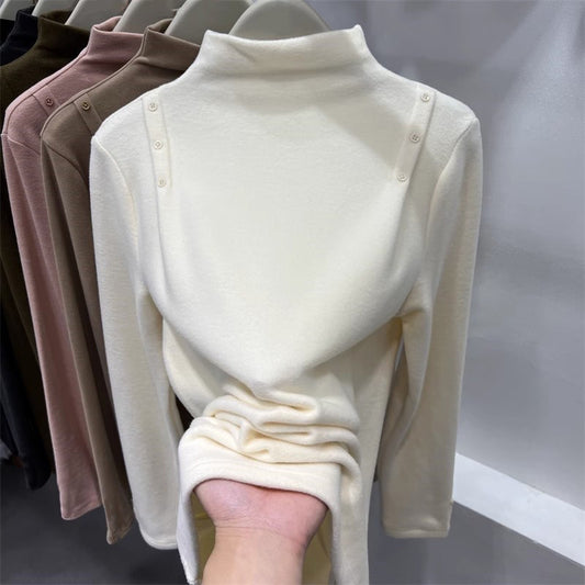 Zweiseitiges Samt-Longsleeve mit halbhohem Kragen für Damen, vielseitiges Unterziehshirt