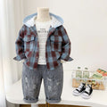 Children's plaid hooded long sleeved three piece set for babies