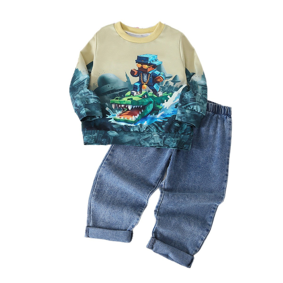 Children's Cartoon Crewneck Hoodie and Casual Jeans Set