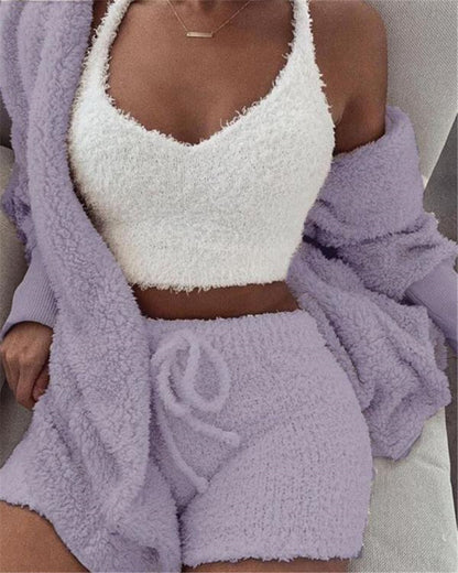 3-teiliges Damen Schlafanzug Set – Langarm Crop Top & Shorts – Ansicht 7