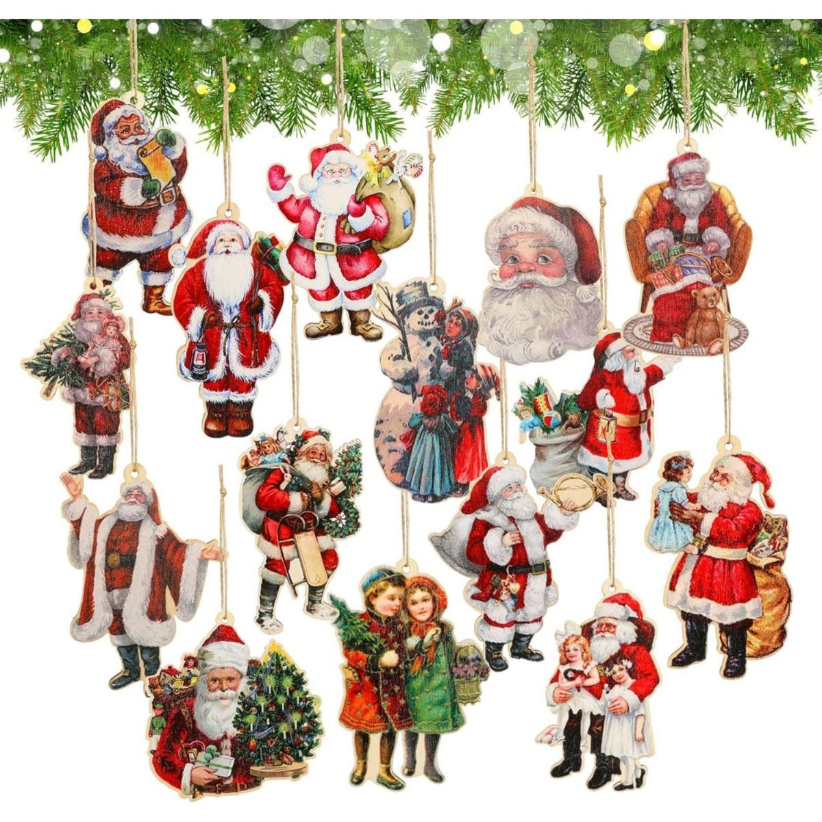 Holzanhänger mit Weihnachtsmann-Motiven für den Christbaum