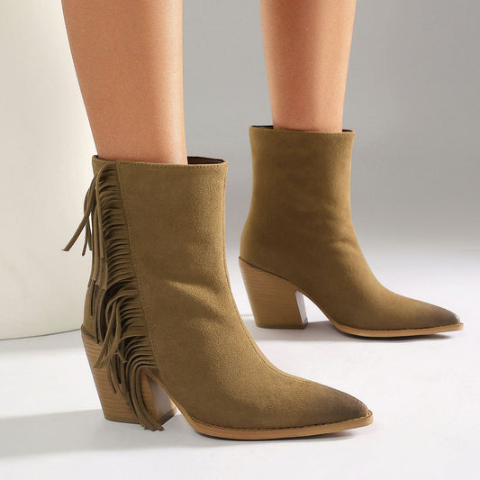 Western Ankle Boots Damen mit Fransen, spitze Zehenpartie, Blockabsatz