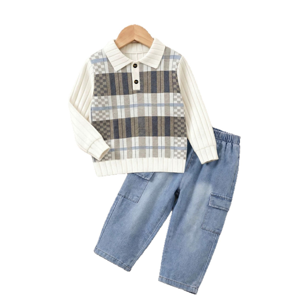 Plaid Polo Set for Boys, Long Sleeve  Top with Jeans Pants Two-Piece Outfit