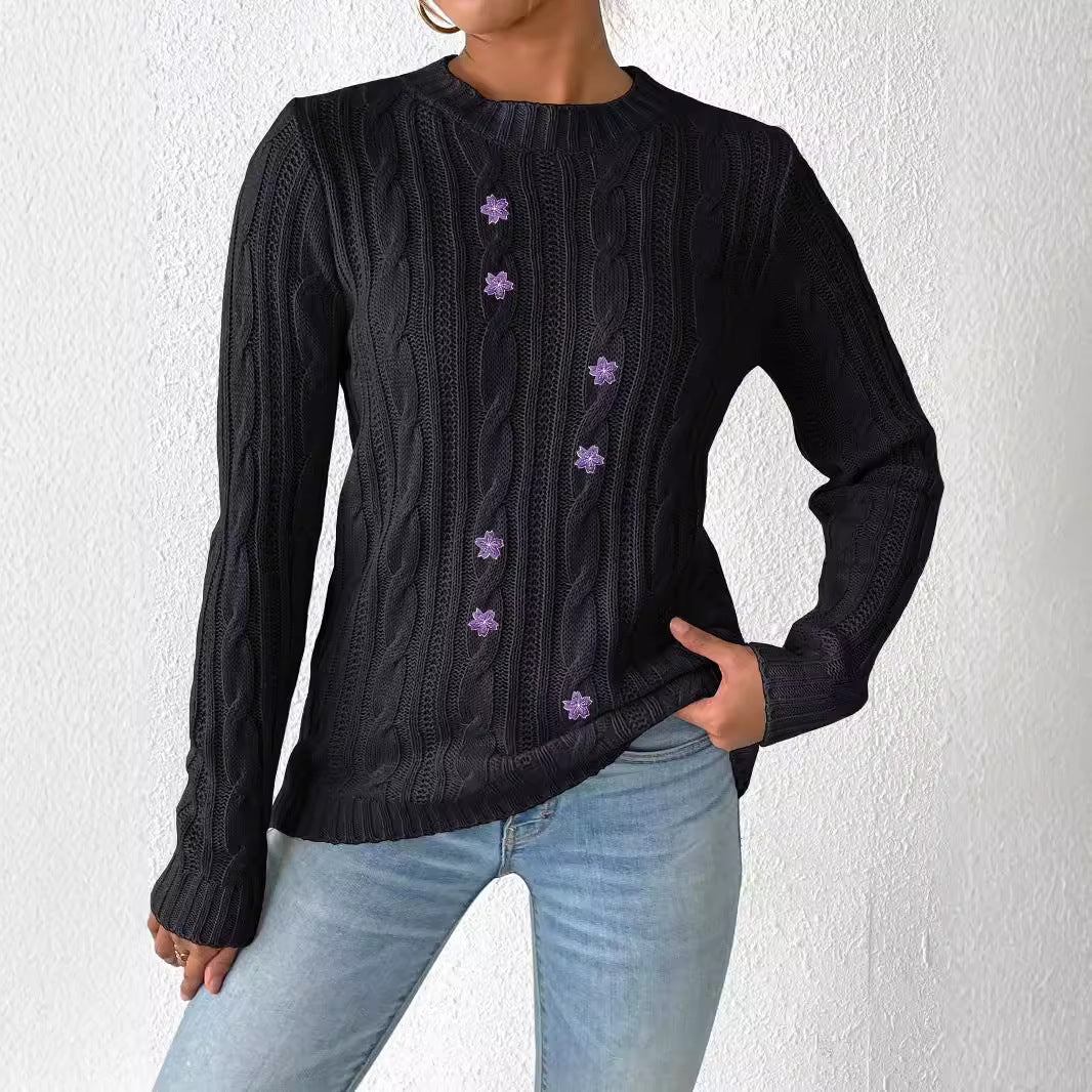 Damen Pullover mit Rundhalsausschnitt, langärmelig, Stickerei mit Blumen-Patchwork