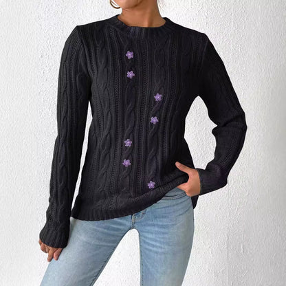 Damen Pullover mit Rundhalsausschnitt, langärmelig, Stickerei mit Blumen-Patchwork