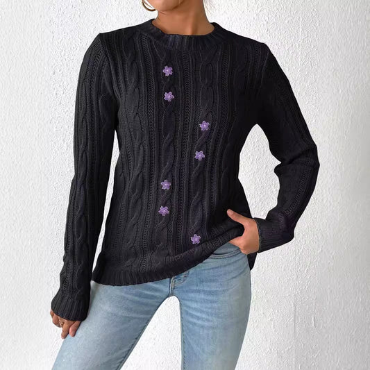 Damen Pullover mit Rundhalsausschnitt, langärmelig, Stickerei mit Blumen-Patchwork